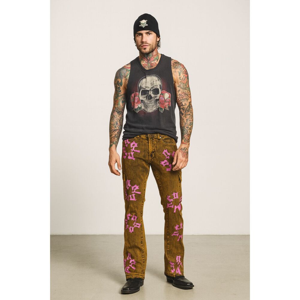 GOLDEN Syndicate Orange Pink Pattern Boot Cut Jeans Pants Trousers  Mens Size 34